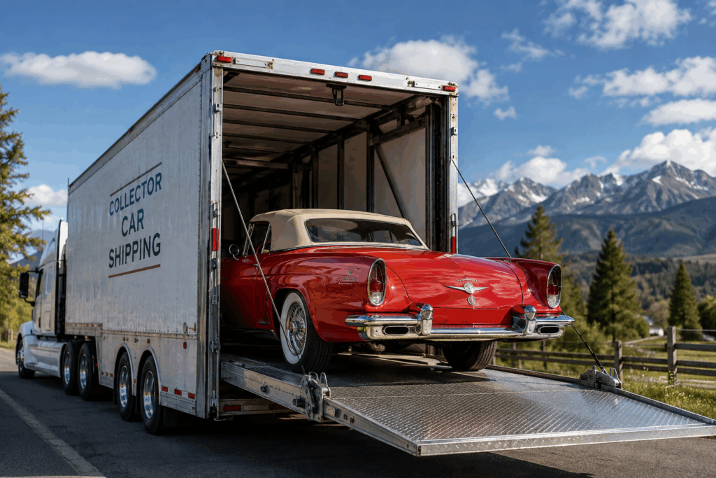 Collector car shipping with a red vintage convertible loading into an enclosed vehicle carrier