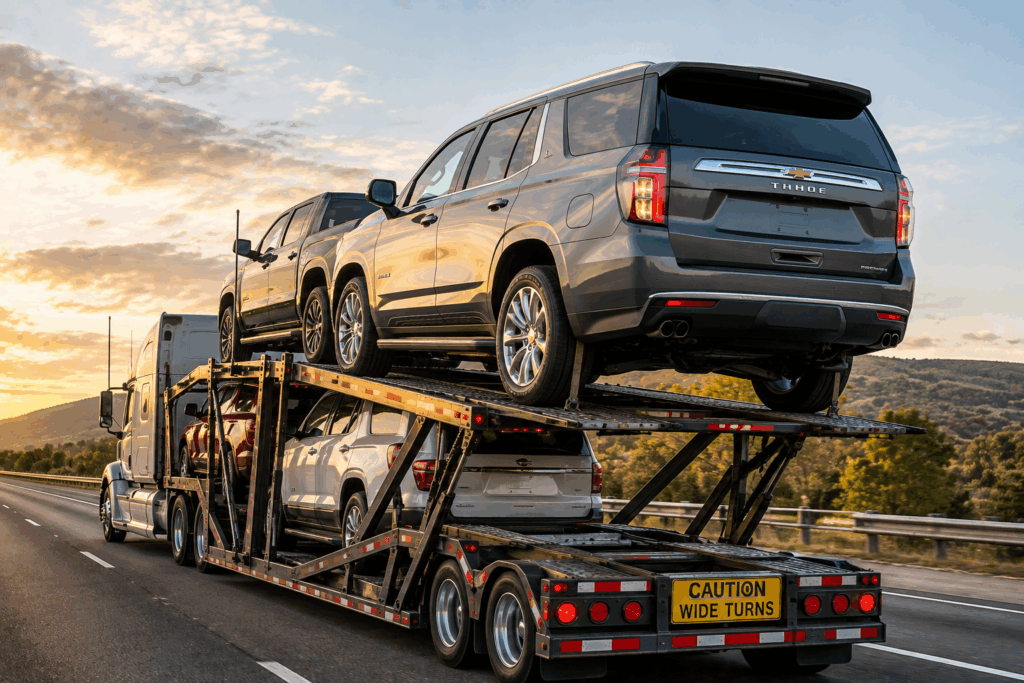 SUV vehicle shipping with a large SUV secured on an auto transport carrier for long-distance delivery