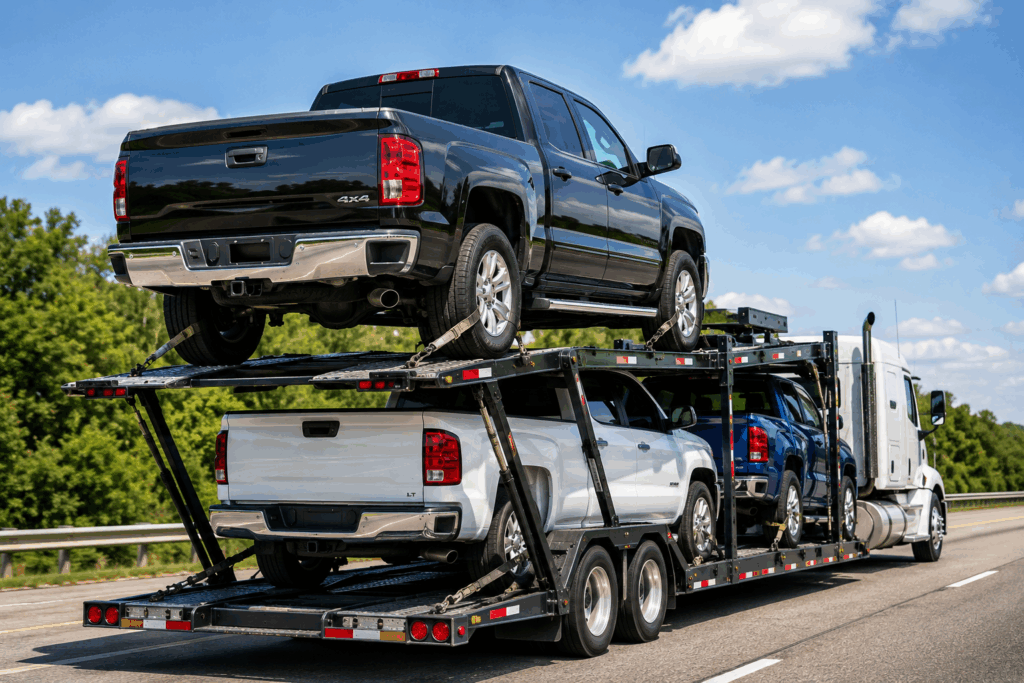 Pickup truck shipping with a full-size pickup secured on an open auto transport carrier