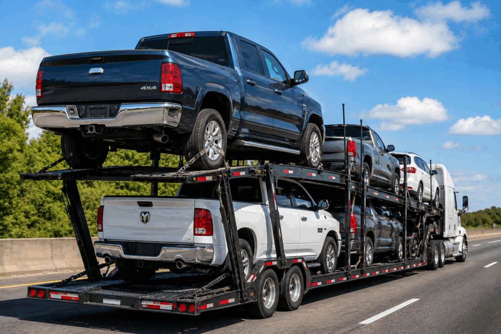 Truck vehicle transport with a full-size pickup secured on an open multi-level auto carrier