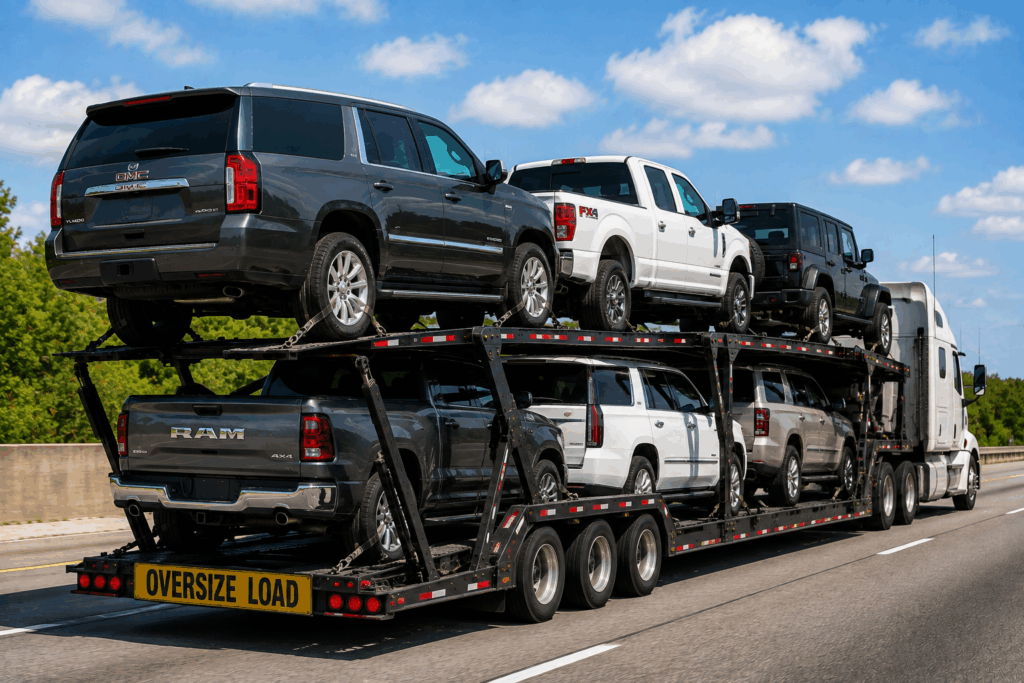 Large vehicle shipping with oversized SUVs and pickup trucks secured on an open auto transport carrier