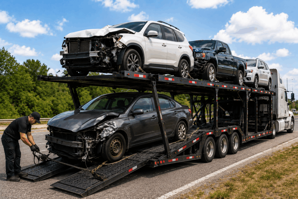 Nonrunning vehicle shipping with a disabled car being loaded onto an auto transport carrier