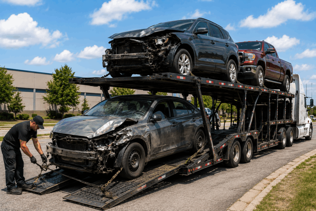 Damaged vehicle transport with a wrecked car being loaded onto an open auto carrier
