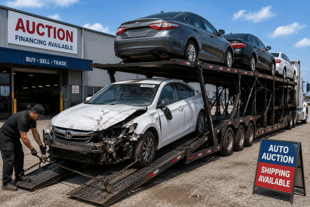Salvage car shipping with a damaged auction vehicle being loaded onto an open auto transport carrier
