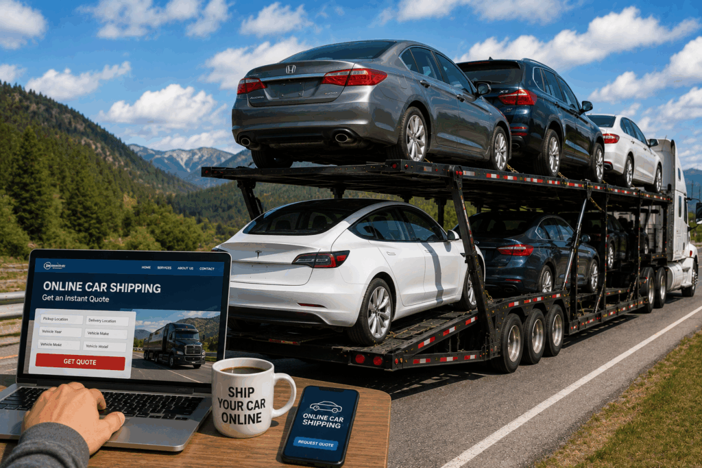 Auction car shipping with vehicles being picked up from an auto auction by an open car carrier