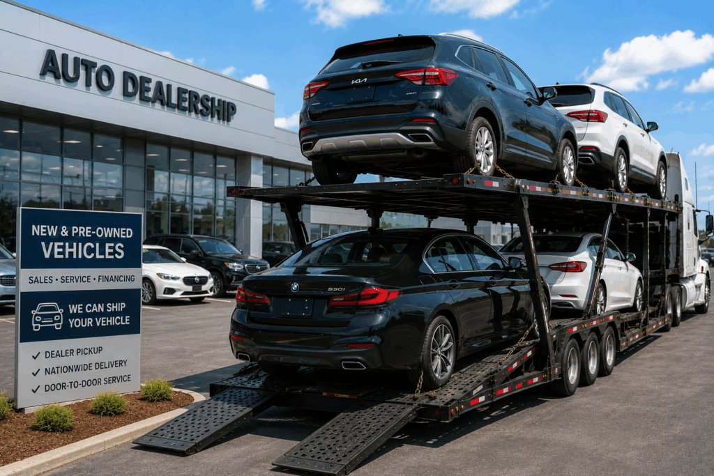 Online car shipping with a vehicle purchased remotely being loaded onto an open auto transport carrier