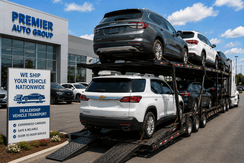 Dealer car shipping with new and used vehicles being loaded onto an open auto carrier at a dealership