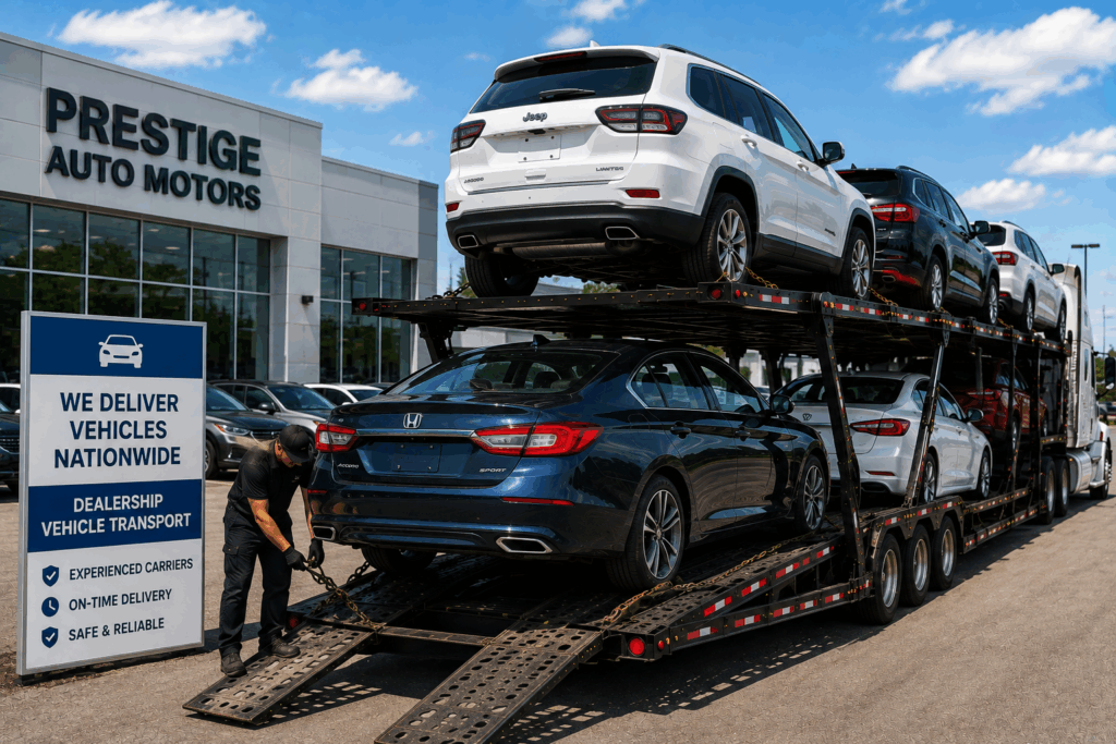Dealership vehicle transport with cars loaded onto an open auto carrier for delivery from a dealership