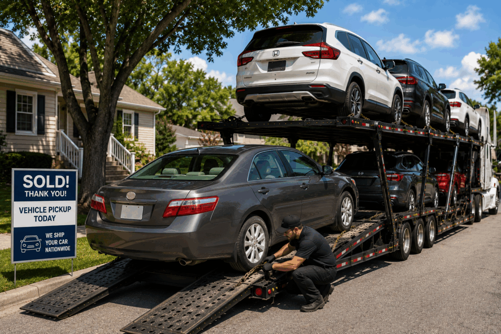 Private seller shipping with a purchased car being loaded onto an open auto transport carrier at a residence