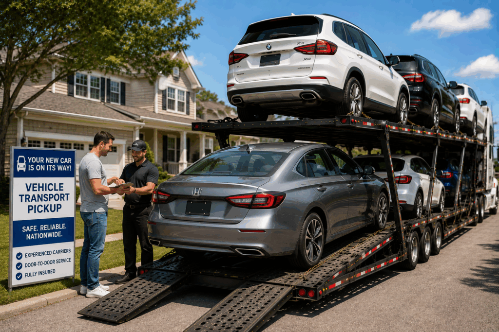 Purchased vehicle shipping with a recently bought car being loaded onto an open auto transport carrier