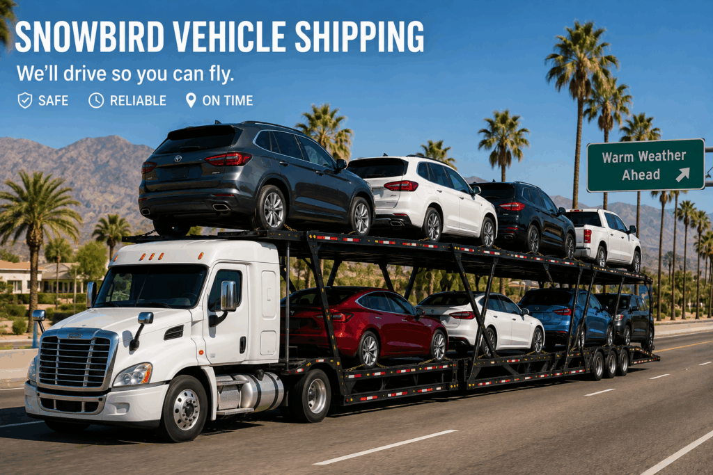 Snowbird vehicle shipping with cars loaded on an auto carrier for seasonal transportation to a warmer destination