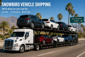 Snowbird vehicle shipping with cars loaded on an auto carrier for seasonal transportation to a warmer destination