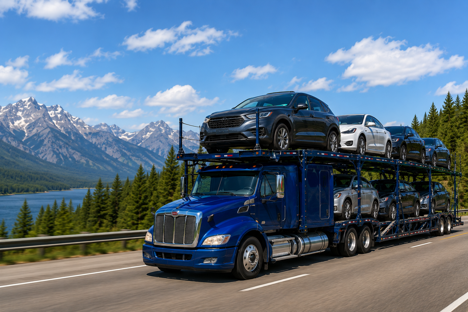 Car shipping services with vehicles secured on an auto transport carrier