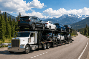 Cross country shipping with vehicles traveling on an open auto carrier