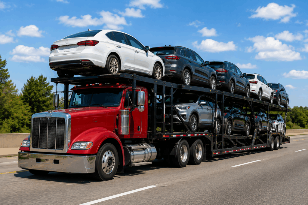 Interstate vehicle shipping with cars traveling on an open auto carrier