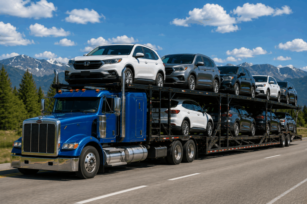 Long distance transport with vehicles traveling on an open auto carrier