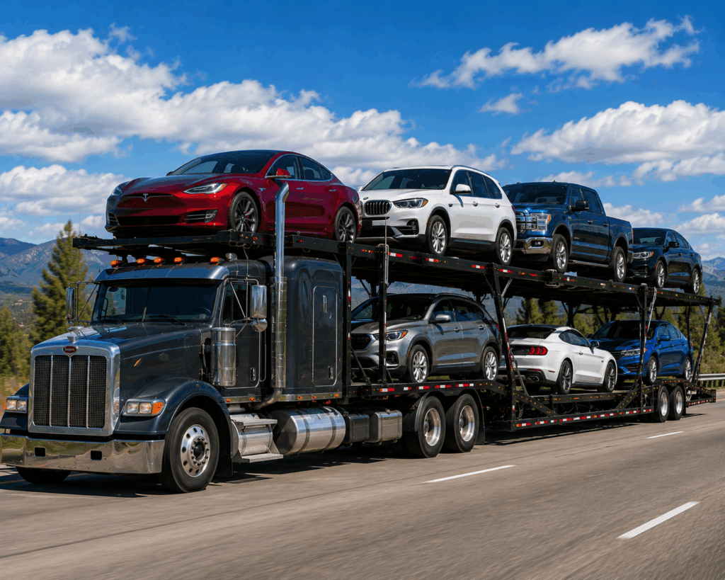 Nationwide car transport with vehicles loaded on an open auto carrier