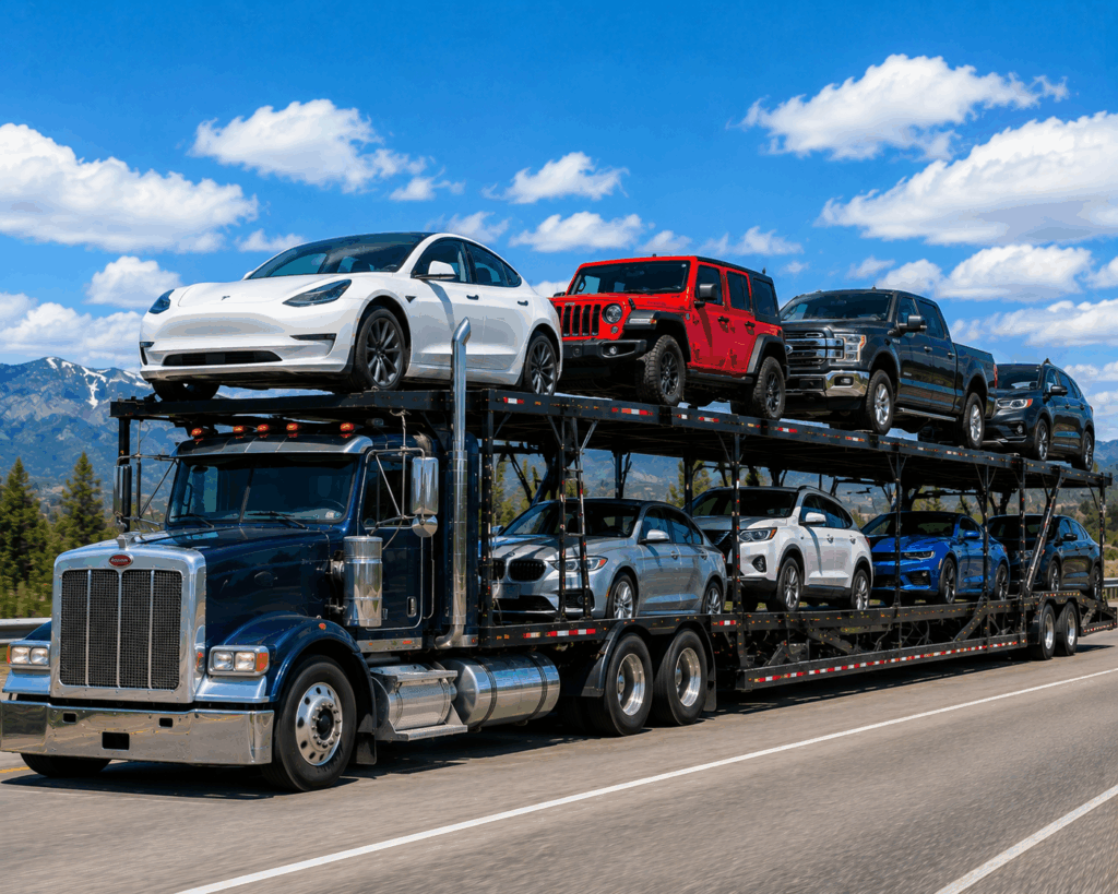 Open vehicle transport carrying cars, an SUV, and a pickup on an open auto carrier