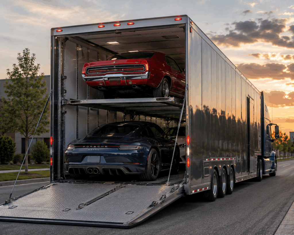 Enclosed vehicle transport loading a classic car into a covered auto carrier