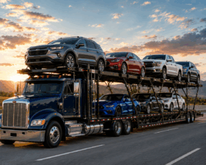 Open car transport carrying a mixed group of vehicles on an uncovered auto carrier