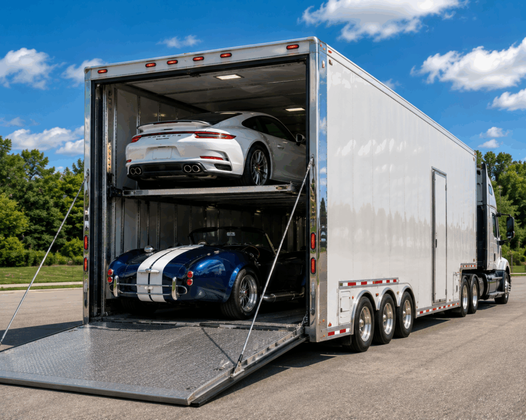 Enclosed car transport with a classic vehicle inside a covered auto carrier