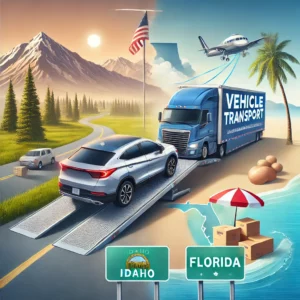  A professional and visually engaging graphic showcasing vehicle transport services from Idaho to Florida. The image features a modern car being loaded