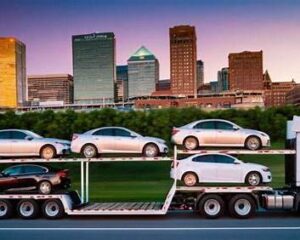 Nationwide SUV transport truck moving vehicles from Pennsylvania to New Mexico on an interstate route