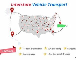 Military auto relocation truck transporting a vehicle from Wisconsin to Arizona on an interstate route