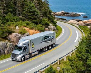 Low-cost vehicle transport truck shipping a car from California to Iowa on an interstate highway