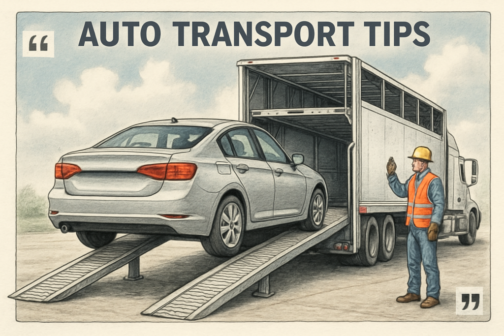 A car being loaded onto a transport truck, demonstrating auto transport tips
