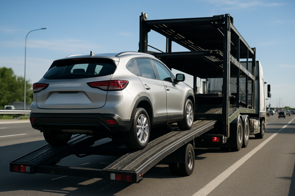 Car shipping costs explained with a vehicle on a transport truck