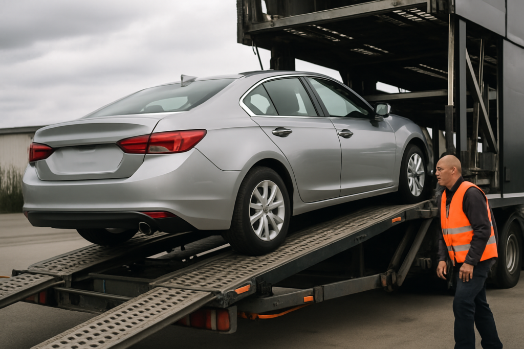 Car shipping services with a car being loaded onto a truck