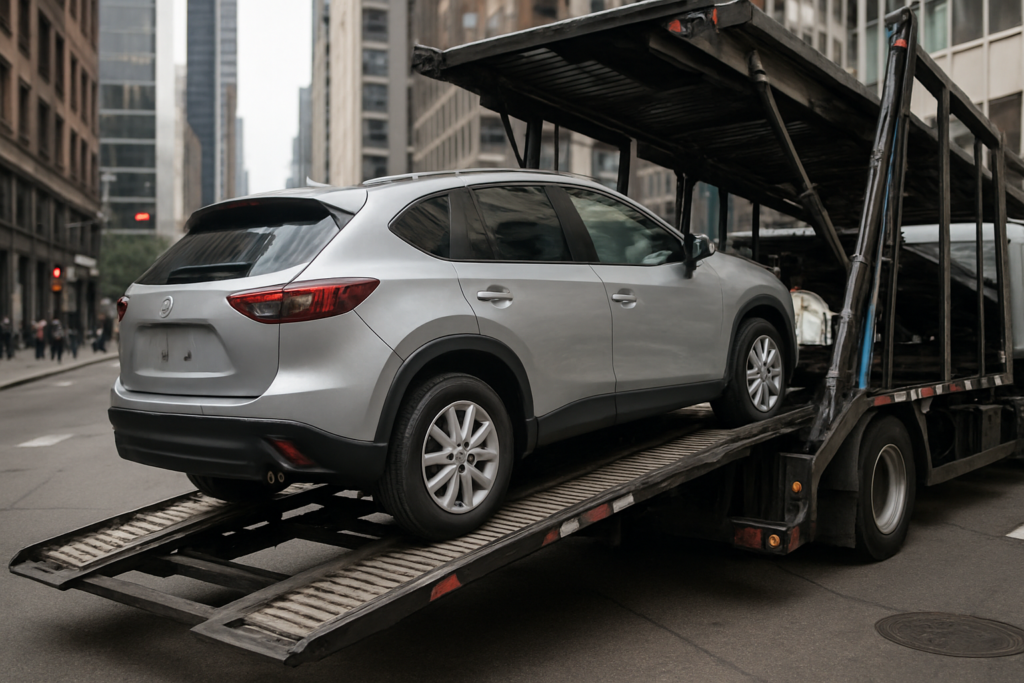 Car shipping tips illustrated with a car on a transport truck