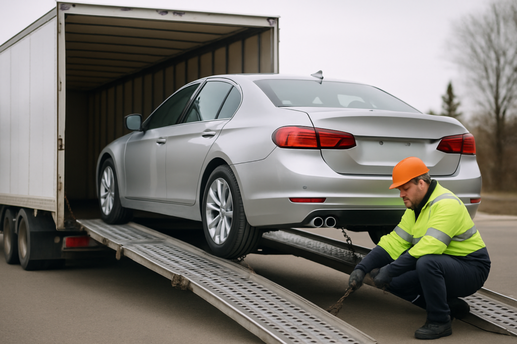 Car transport company loading a vehicle onto a truck