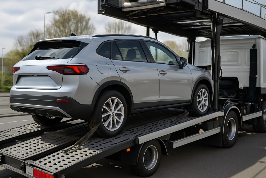 Car transport company loading a vehicle onto a truck