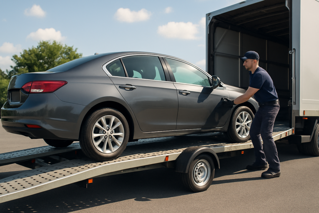 Car transport service loading sedan onto trailer