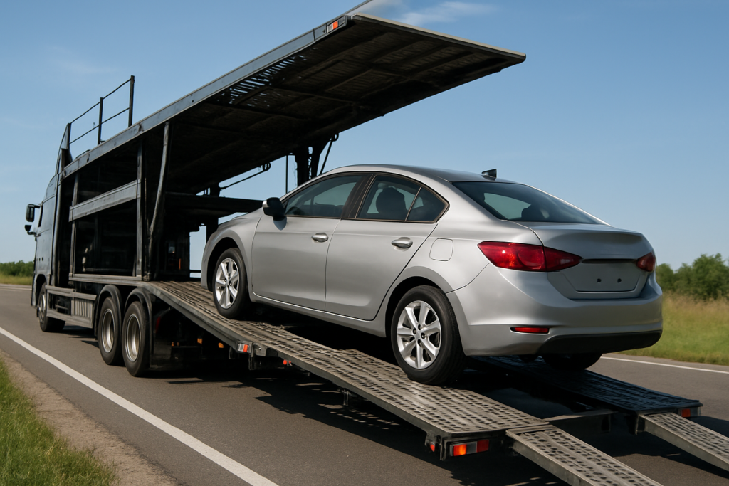 Car transport services showing a car being loaded onto a truck
