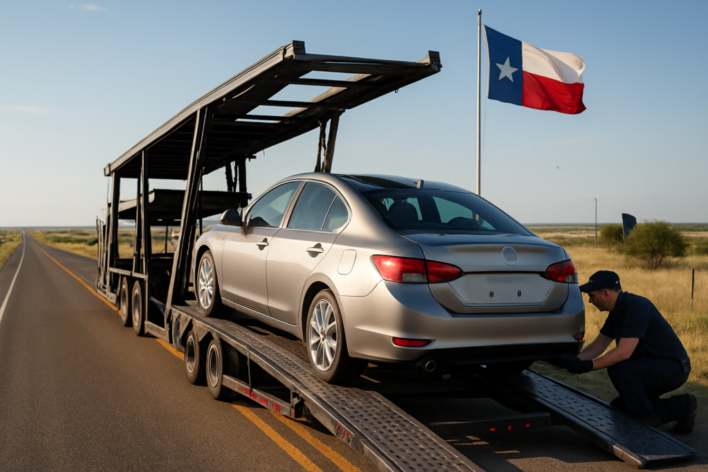 Car being loaded onto transport carrier in Texas