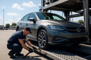 Efficient car transport with vehicle on trailer