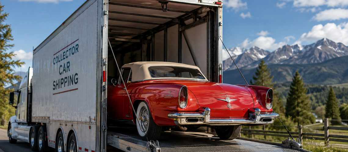Collector car shipping with a red vintage convertible loading into an enclosed vehicle carrier