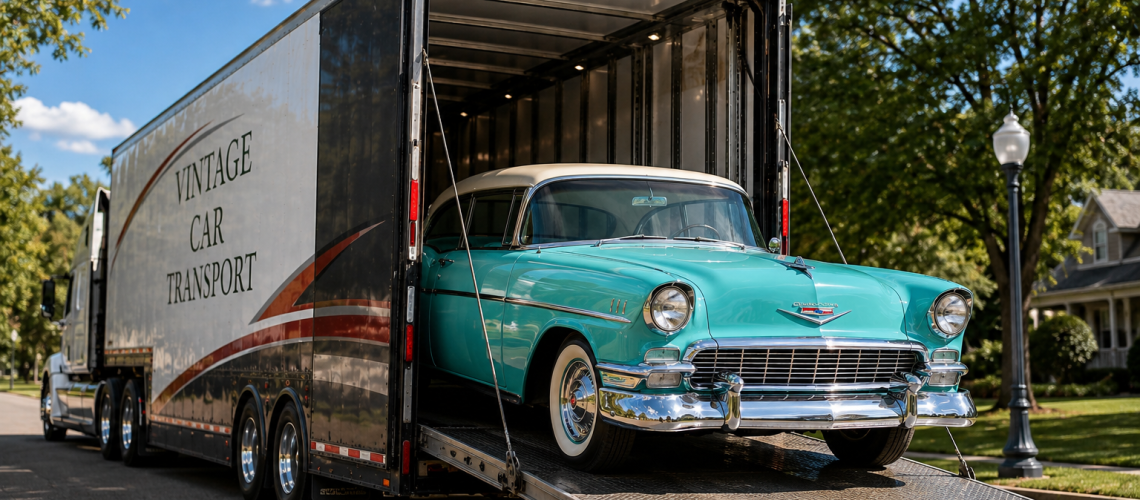 Vintage car transport with a turquoise 1950s classic car being loaded into an enclosed vehicle carrier