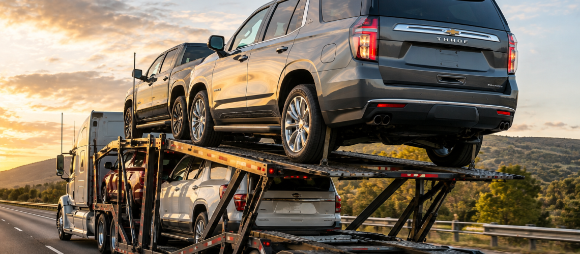 SUV vehicle shipping with a large SUV secured on an auto transport carrier for long-distance delivery