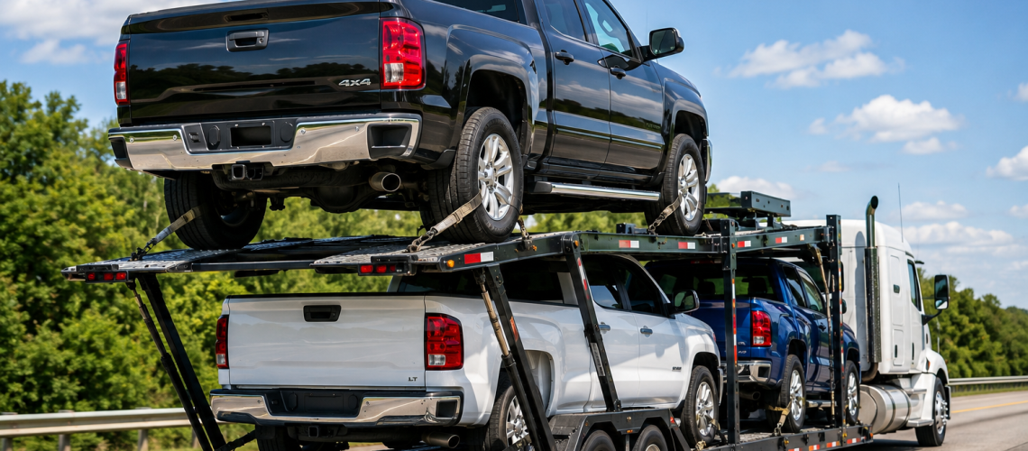 Pickup truck shipping with a full-size pickup secured on an open auto transport carrier