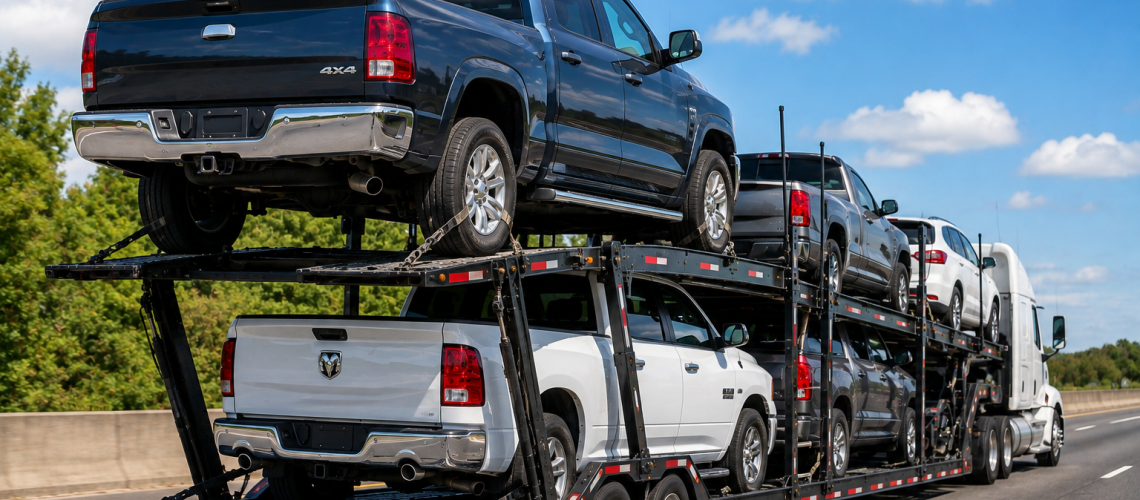Truck vehicle transport with a full-size pickup secured on an open multi-level auto carrier