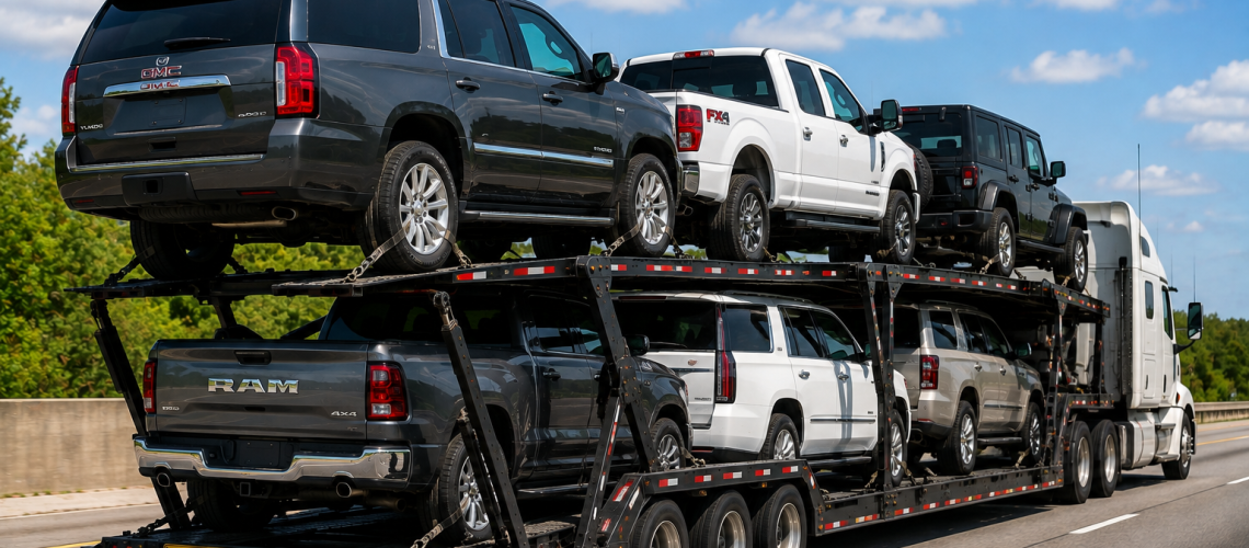 Large vehicle shipping with oversized SUVs and pickup trucks secured on an open auto transport carrier