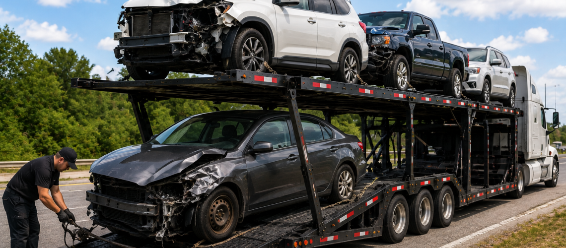 Nonrunning vehicle shipping with a disabled car being loaded onto an auto transport carrier