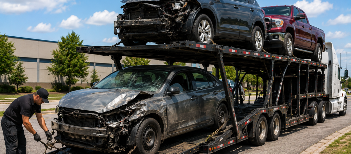 Damaged vehicle transport with a wrecked car being loaded onto an open auto carrier