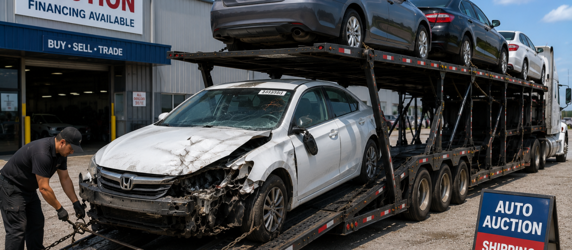 Salvage car shipping with a damaged auction vehicle being loaded onto an open auto transport carrier