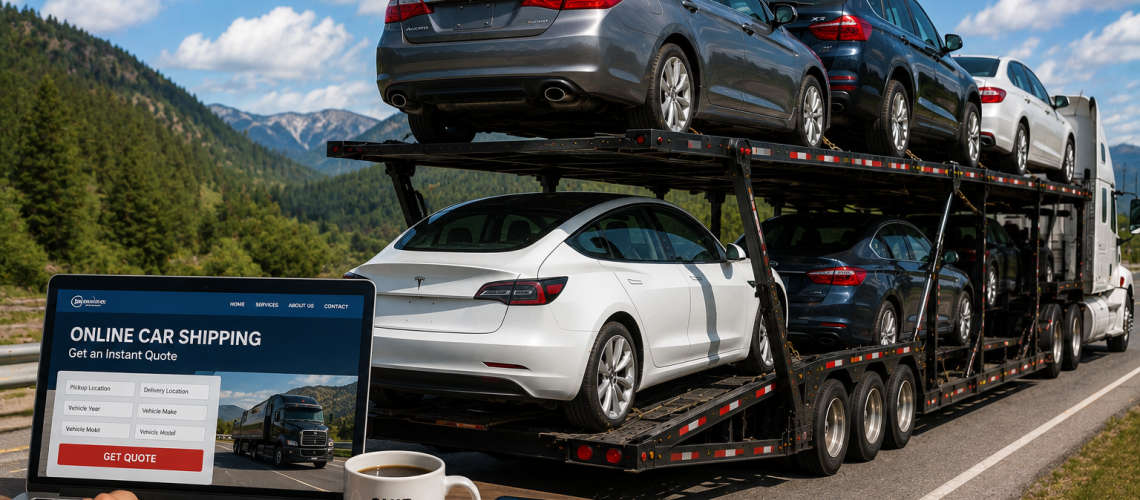 Auction car shipping with vehicles being picked up from an auto auction by an open car carrier