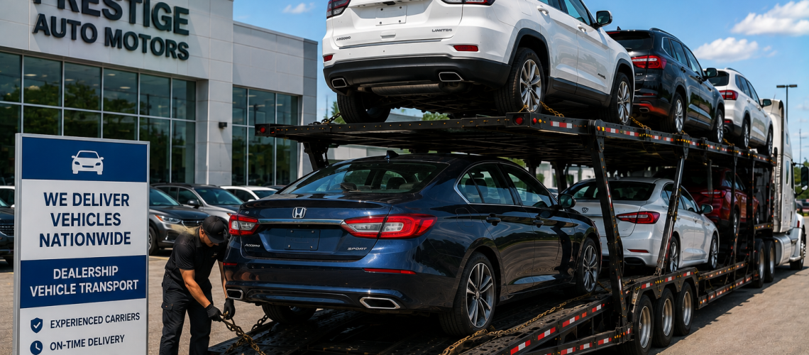 Dealership vehicle transport with cars loaded onto an open auto carrier for delivery from a dealership